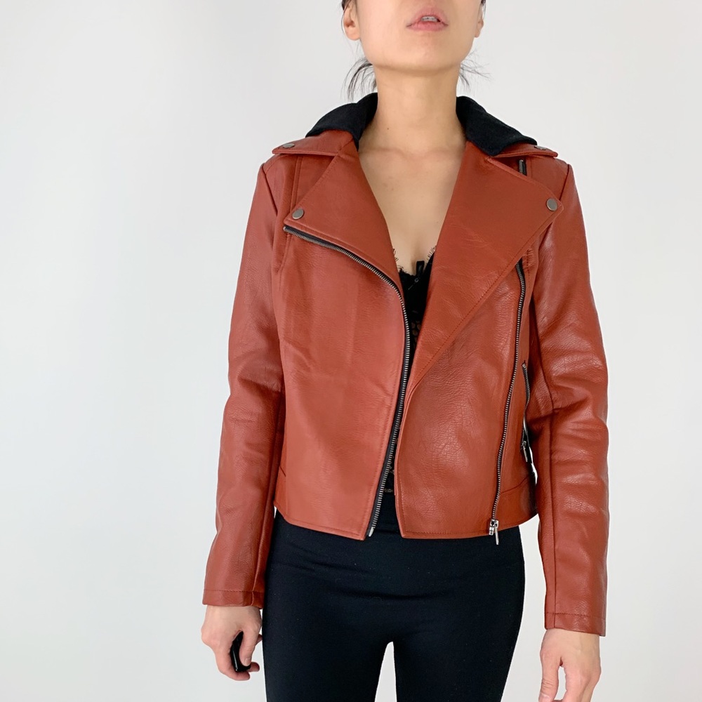 MOTO Biker Hooded Jacket- Camel Cognac - Picture 3 of 7